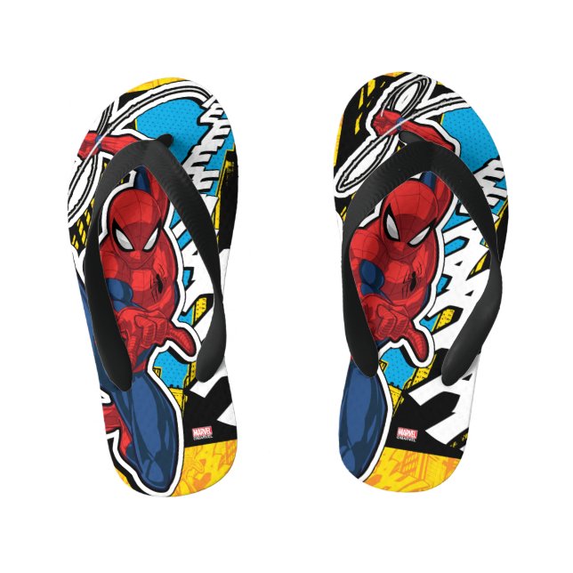 Spider-Man | Pop Art Web-Swinging Comic Panel Kid's Flip Flops (Footbed)