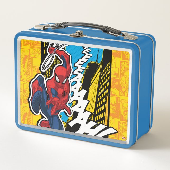 Spider-Man | Pop Art Web-Swinging Comic Panel Metal Lunch Box (Front)