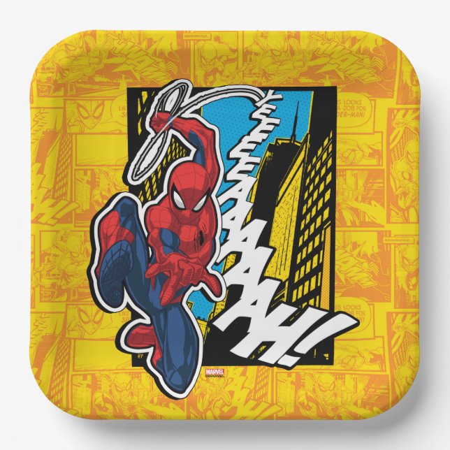 Spider-Man | Pop Art Web-Swinging Comic Panel Paper Plate (Front)