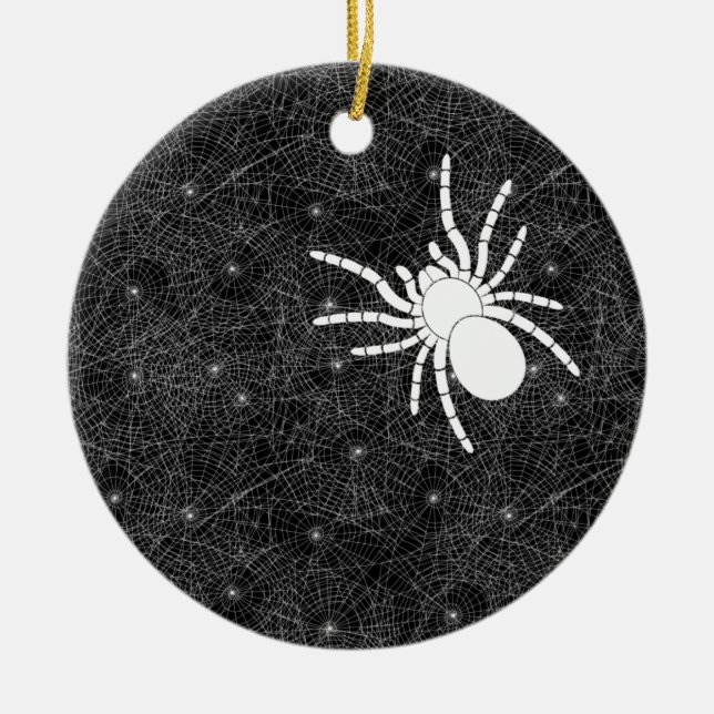 Spider Web and Big White Spider Spooky Halloween Ceramic Ornament (Front)