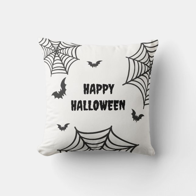 Spider web Bat Black and White Happy  Halloween Throw Pillow (Front)