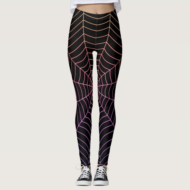 Spider web black purple orange Halloween pattern Leggings (Front)