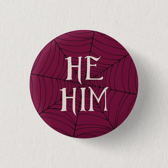 Spider Web He Him Pronouns in Red 1 Inch Round Button (Front)