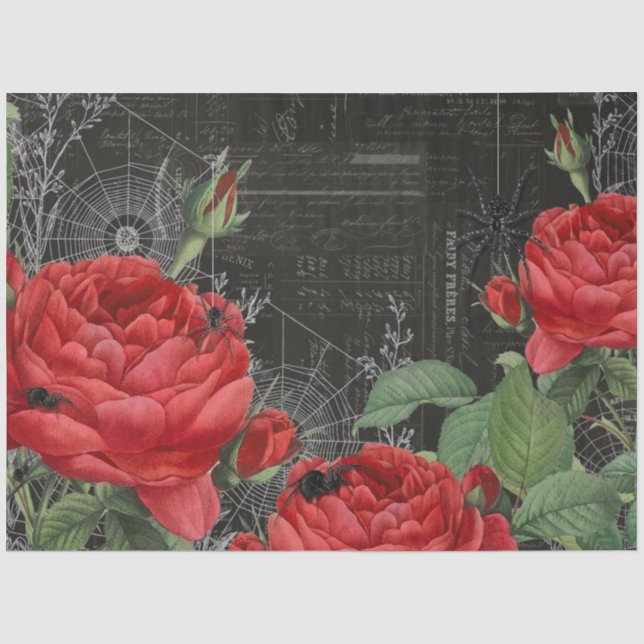 Spider Web & Red Rose Gothic Ephemera Tissue Paper (Front)