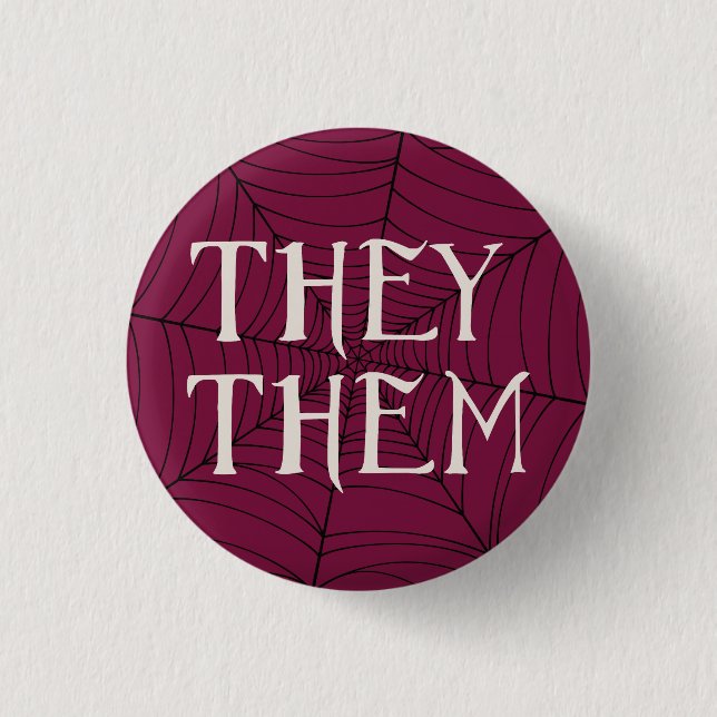 Spider Web They Them Pronouns in Red 1 Inch Round Button (Front)