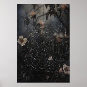 Spider web with dew in dark forest print, flower poster
