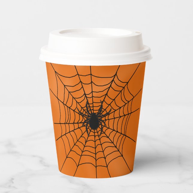 Spider Web with Spider on Orange Halloween Paper C Paper Cups (Front)