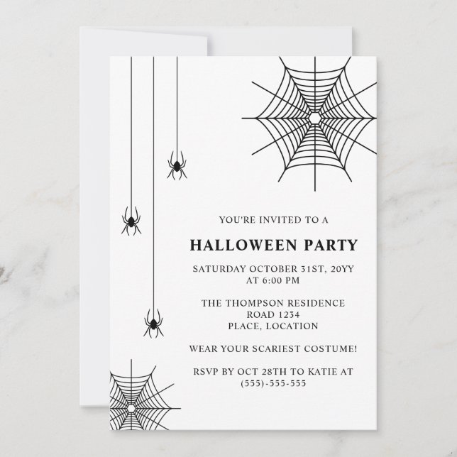 Spiders And Spiderweb Simple Black White Halloween Invitation (Front)