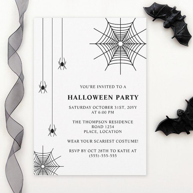 Spiders And Spiderweb Simple Black White Halloween Invitation (Minimalist design for Halloween. Personalize with custom text and colors.)