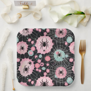 Spiders And Webs In Pink And Pale Blues On Black Paper Plate