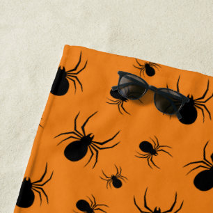 Spiders Halloween pattern Black and Orange Beach Towel