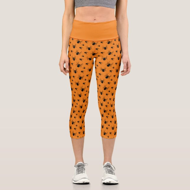 Spiders Halloween pattern Black and Orange Capri Leggings (Front)