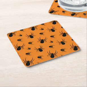 Spiders Halloween pattern Black and Orange Square Paper Coaster