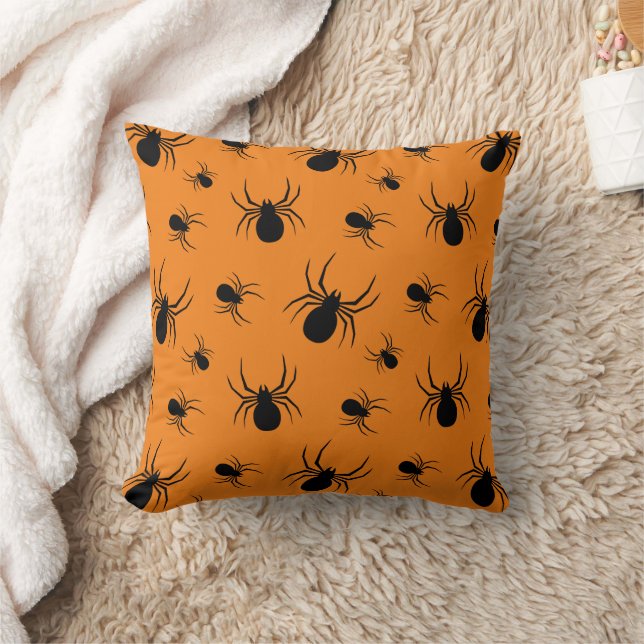 Spiders Halloween pattern Black and Orange Throw Pillow (Blanket)