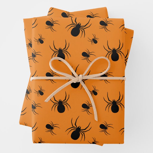 Spiders Halloween pattern Black and Orange Wrapping Paper Sheet (In situ)