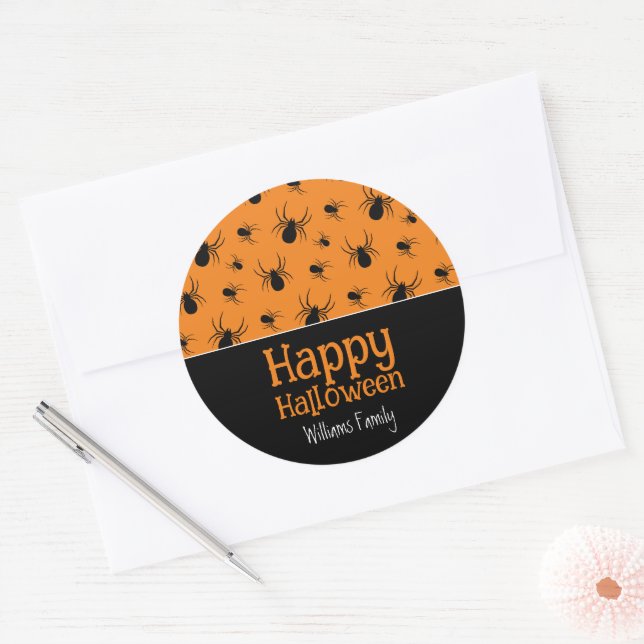 Spiders Happy Halloween Black Orange Custom Classic Round Sticker (Envelope)