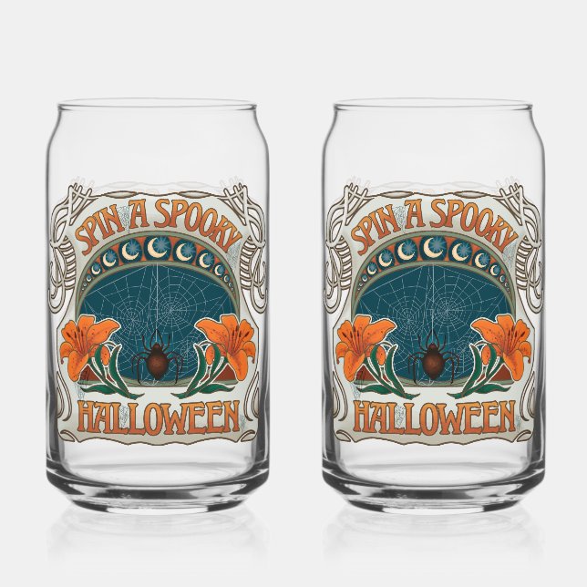 Spiders & Lilies Spooky Halloween Vintage Can Glass (Front)