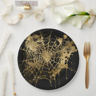 Spiderweb Elegance Creepy Beautiful Gold Cobweb Paper Plate