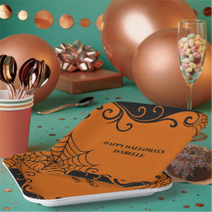 Spiderweb Ornament Orange Black halloween Paper Plate