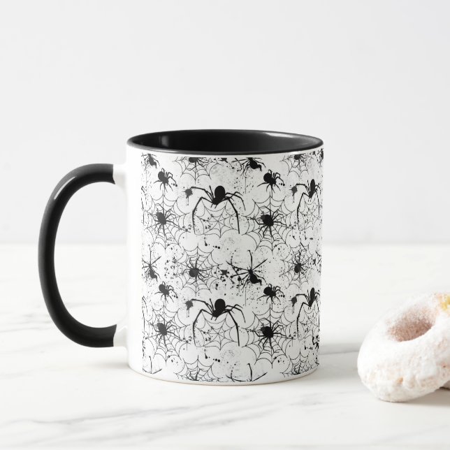 Spiderweb Pattern Halloween  Mug (With Donut)