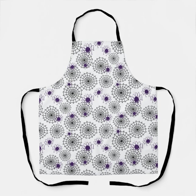 Spiderweb & Purple Spiders Halloween White Pattern Apron (Front)