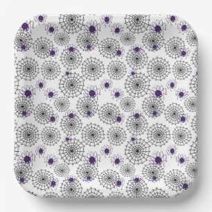 Spiderweb & Purple Spiders Halloween White Pattern Paper Plate
