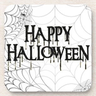 Spiderwebs And Happy Halloween Creepy Text Coaster