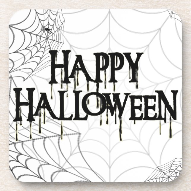 Spiderwebs And Happy Halloween Creepy Text Coaster (Front)