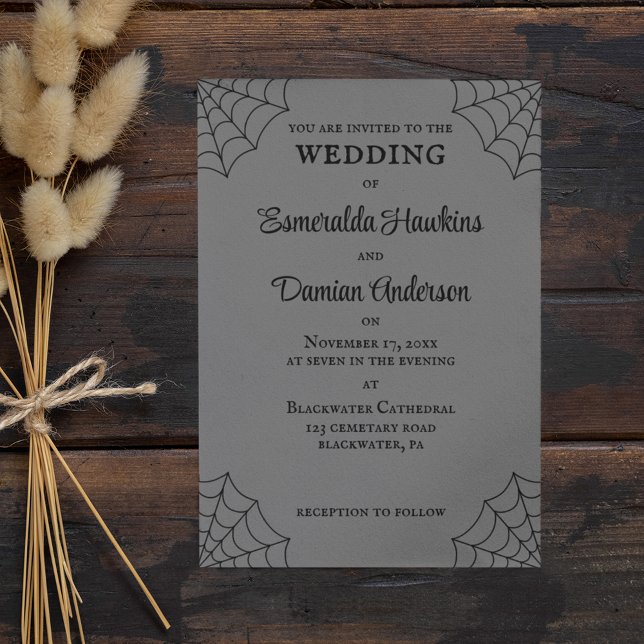 Spiderwebs Black and Grey Gothic Wedding Invitation (Creator Uploaded)