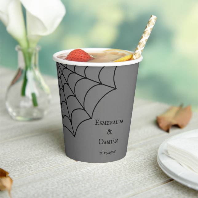 Spiderwebs Black and Grey Gothic Wedding Paper Cups (Insitu)