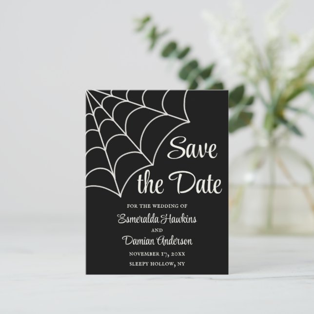 Spiderwebs Black and White Gothic Save the Date Invitation (Standing Front)
