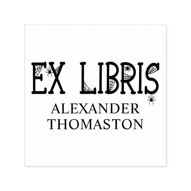 Spiderwebs with Hanging Spiders on Ex Libris Text Self-inking Stamp (Design)