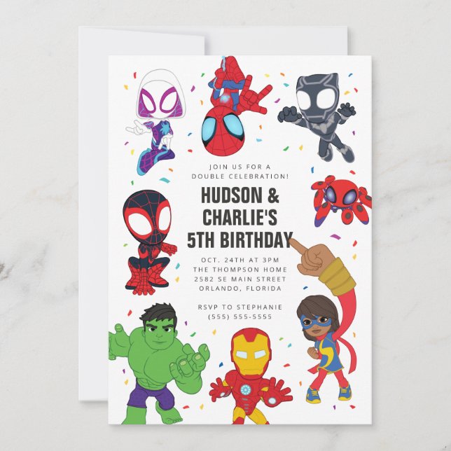 Spidey and His Amazing Friends Twin Birthday Invitation (Front)