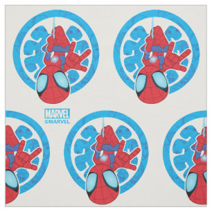Spidey Hanging Upside Down Logo Villain Collage Fabric