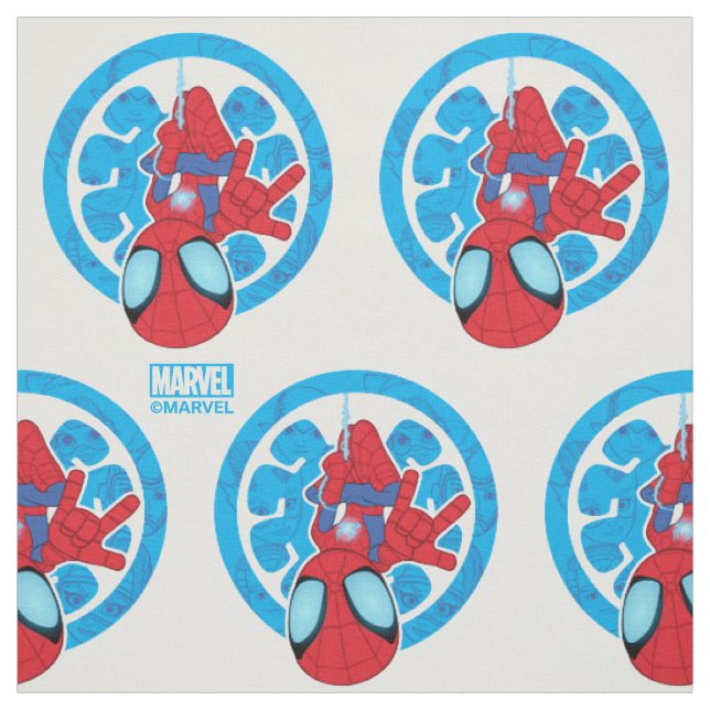 Spidey Hanging Upside Down Logo Villain Collage Fabric (Swatch)
