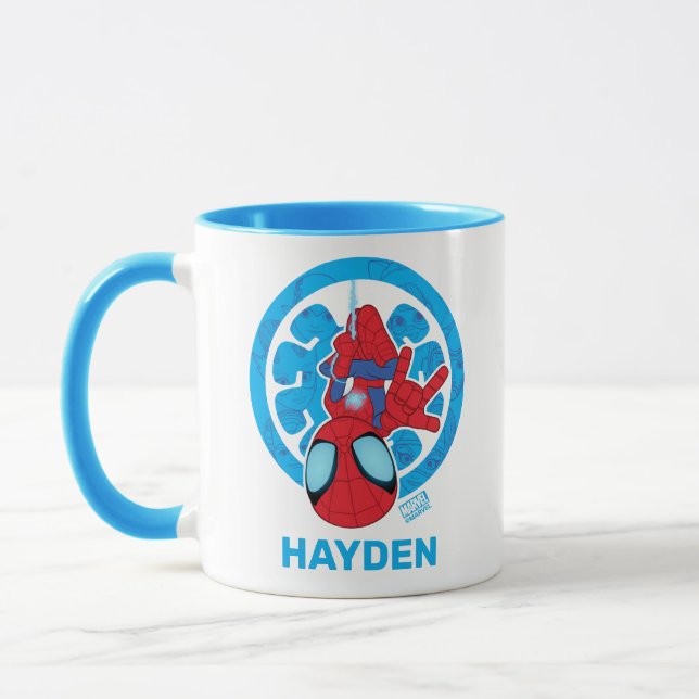 Spidey Hanging Upside Down Logo Villain Collage Mug (Left)