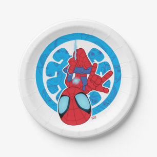 Spidey Hanging Upside Down Logo Villain Collage Paper Plate