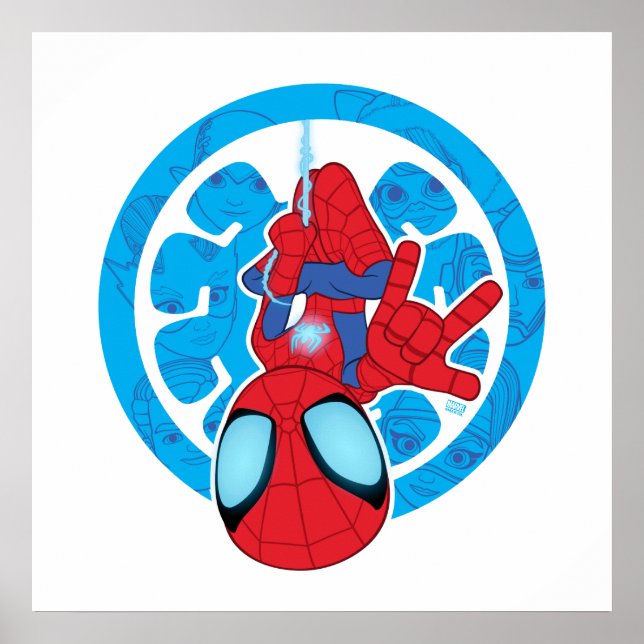 Spidey Hanging Upside Down Logo Villain Collage Poster (Front)