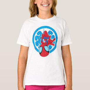 Spidey Hanging Upside Down Logo Villain Collage T-Shirt