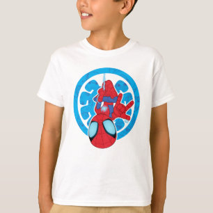 Spidey Hanging Upside Down Logo Villain Collage T-Shirt