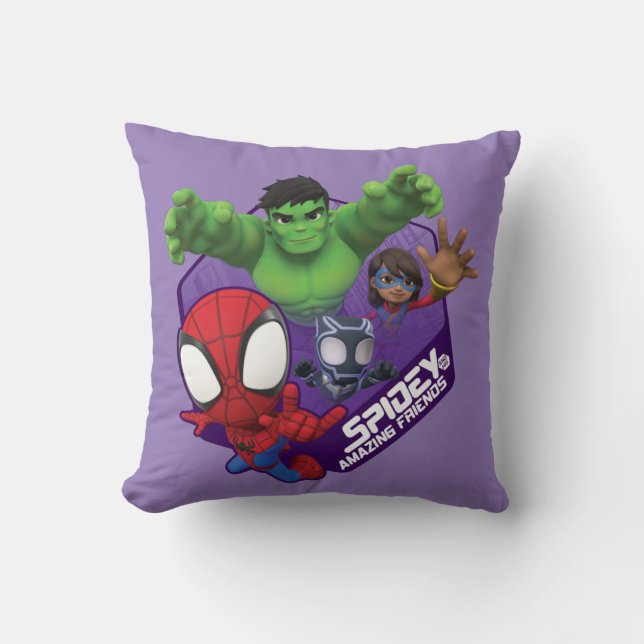 Spidey, Hulk, Ms. Marvel, & Black Panther Hexagon Throw Pillow (Front)