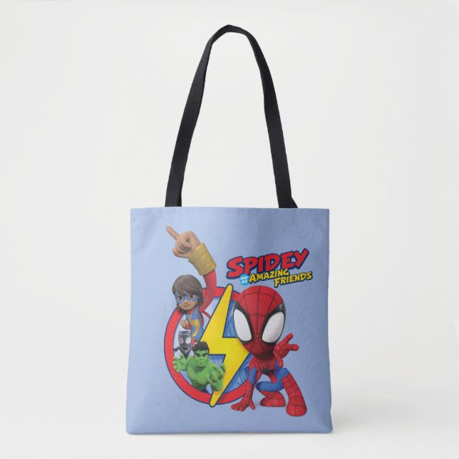 Spidey, Ms. Marvel, Black Panther, & Hulk Badge Tote Bag (Front)