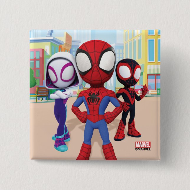 Spidey Team In Town 2 Inch Square Button (Front)