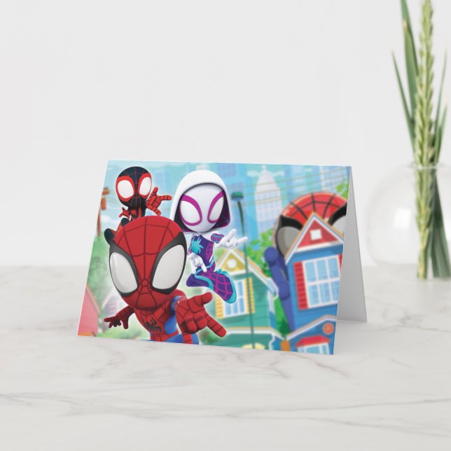 Spidey Team Swinging Through Town Card (Front)