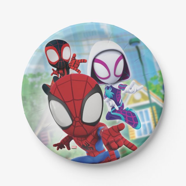 Spidey Team Swinging Through Town Paper Plate (Front)