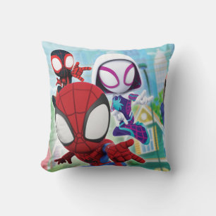 Spidey Team Swinging Through Town Throw Pillow