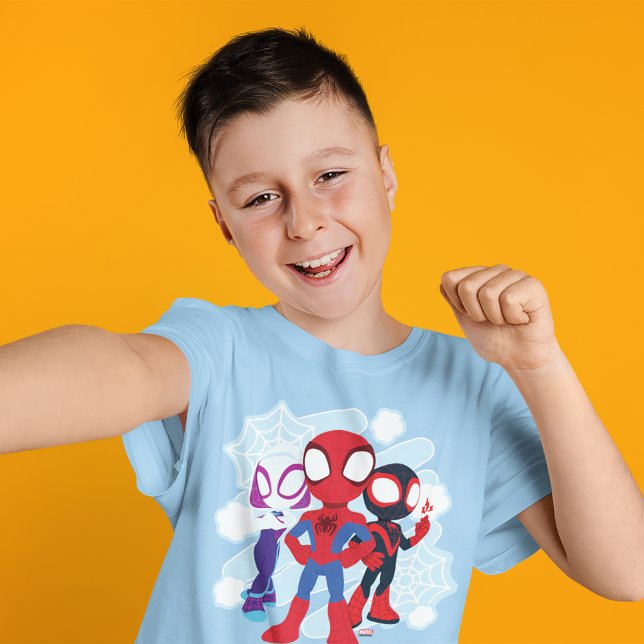 Spidey Team Web Graphic T-Shirt (Kid wearing shirt)