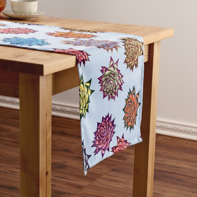 Spiked Rose Print, Modern Style Floral Pattern Short Table Runner (In Situ)