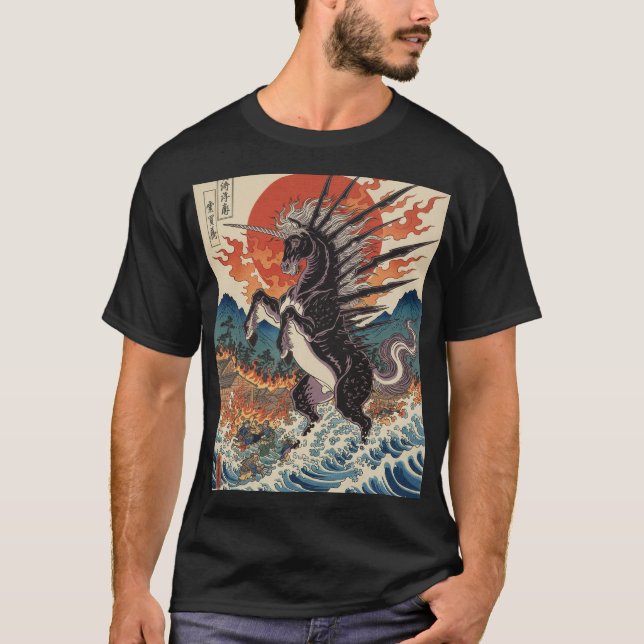 Spiked Sky Horse in Fiery Seas T-Shirt (Front)