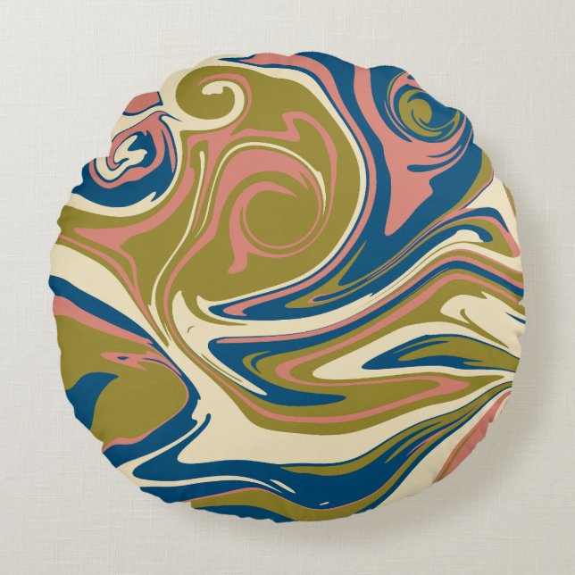 Spill - Blue, Olive Green, Pink and Cream Round Pillow (Front)